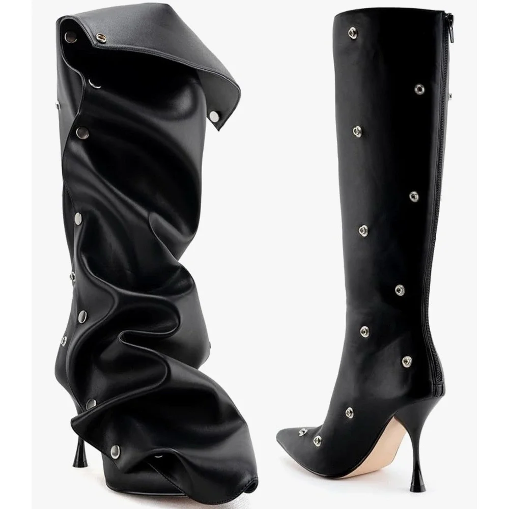 Boots Knee High Women's 9.5 Black Detachable Front Panel‎ 2-Way Stiletto Pointy